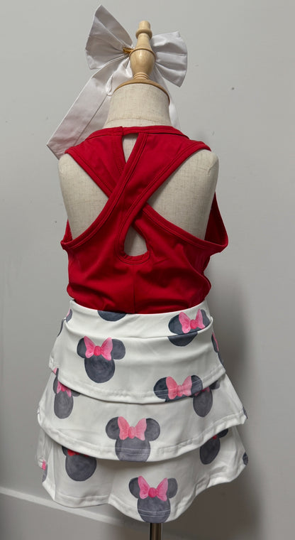 RTS - Athleisure Ruffle Skort with Tank Red Bow - Kids