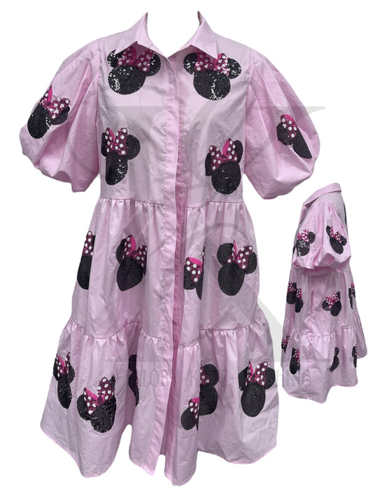 RTS - Pink Tiered Dress - Bow Mouse Sequins - WOMENS